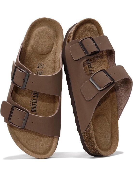 Shoes - Women's Brown Leather Slide Cork Footbed Double Buckle Arch Support Sandals